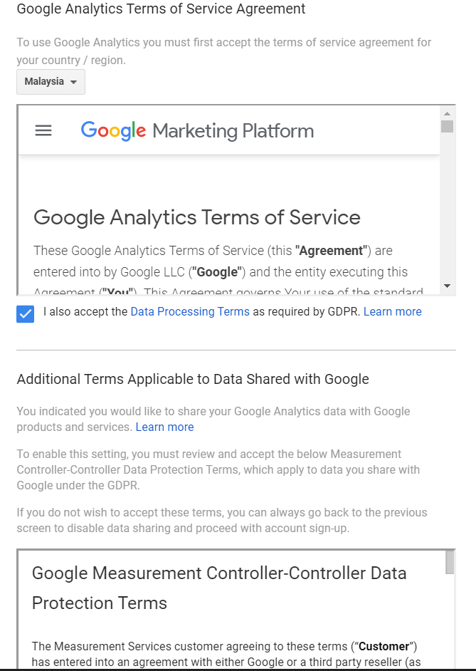 accept agreement google analytics